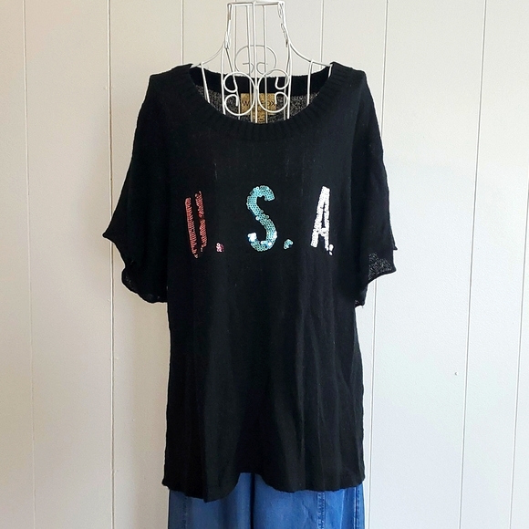 Wild fox White Label Glitter USA Black Short Sleeve Sweater Size M - Picture 1 of 5